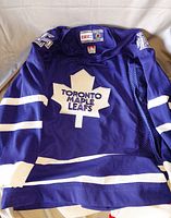 Front view of blue Toronto Maple Leafs hockey jersey showing maple leaf logo and white stripes on sleeves and hem.