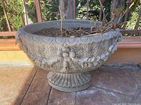 Front side view of heavy cement planter showing garland relief decorations and round top filled with dirt and dead plants.