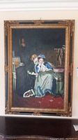 Front view of the framed painting showing two women in historical dress, seated in an interior setting.