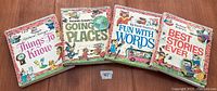 Photo of front covers of four Richard Scarry books: Things to Know, Going Places, Fun with Words, Best Stories Ever.