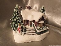 Front and side view of the cottage showing painted brickwork, snow-covered roof, steps, railing, snowman with red scarf and nearby evergreen trees covered in snow.