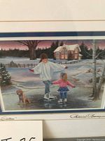 Print showing two children ice skating on frozen pond with dog and snowy house background