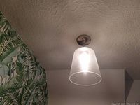 Ceiling light fixture installed, showing frosted/conical glass shade and brushed chrome base from a side angle.