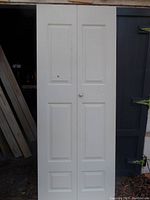 Front view of white hollow core bifold door, showing panel details and knob.