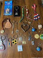 Full overview image of 18 assorted keychains and rings spread on a wooden table including leather, metal, plastic, and fabric materials with various shapes and colors.