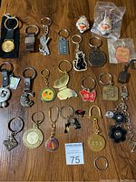 Full view of the collection consisting of 20 keychains and 1 metal ring displayed on wood surface.