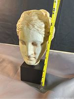 Front view of Athena head sculpture on black base showing full length and measurement at approx. 7.5 inches.