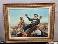 Full view of the framed oil painting depicting an elderly man with three children by the seaside.