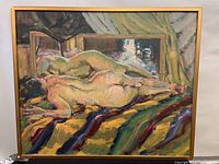 Full view of framed oil painting showing two reclining nude figures on a striped bedspread with drapery and mirror in background