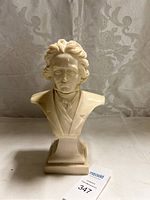 Front and angled view of the ivory-colored Beethoven bust sculpture on pedestal base.