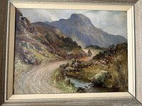 Full view of the framed oil painting showing a mountain landscape with a figure on a path and a stream, signed Jas Elder 1907.