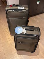 Two Ricardo carry-on suitcases, one smaller and one larger, cappuccino color with tags on smaller suitcase