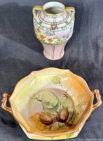 Top view showing the Nippon vase and the serving bowl with acorn design