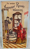 Image of metal/tin litho sign showing vintage scene with woman operating round washing machine and man tipping hat in doorway.