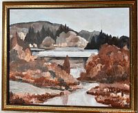 Frontal photo of the signed oil on canvas landscape painting in original frame. Shows overall condition and composition.