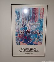 Framed 1978 Chicago Tribune Boul-Mich Bike Rally poster showing colorful artistic depiction of bike race in a city with text at bottom.
