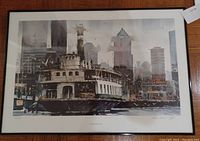 Full view of framed lithograph showing San Mateo Ferry and cityscape.
