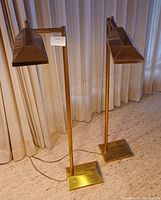 Front view of two brass floor lamps, showing height and overall design