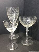 Photo showing three varieties of etched crystal glasses with floral designs: tall wine glass, coupe, and cordial.