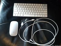 Full view of Apple wireless keyboard, Magic Mouse, and Apple charging cable on black surface.