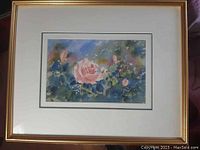 Framed watercolor artwork showing full piece and mat with gold frame