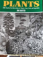 Front cover of the plant illustration book titled 'Plants' by Jim Harter with green background and black and white detailed botanical art.