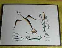 Frontal image of the framed artwork 'Startled Bird' by Doris Cyrette depicting a stylized bird and cattails beside water, accurate colors and composition visible.