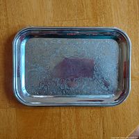 Top-down photo showing the stainless steel tray and intricate engraved pattern on the inner surface.