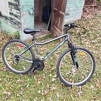 Side view of the silver, gray and teal green Supercycle bike showing the frame, wheels, seat, and pedals outdoors on grass near a wooden shed.