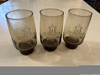 Photo of three brown tint Village by Pfaltzgraff glasses with tan stencil decoration, 16 ounces each, shown on a white surface.