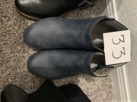 Top view of blue ankle boots to show color and toe shape