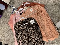 Five women's small size shirts on hangers, including animal print tops in leopard patterns, a burnt orange solid shirt, and a peach eyelet detailed shirt.
