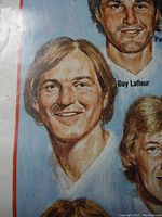 Close-up image of illustrated portrait of Guy Lafleur with blonde hair and smiling expression from the 1981 Canada Cup poster.