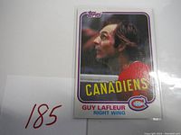 Front of 1981 Topps hockey card showing Guy Lafleur portrait in Montreal Canadiens jersey.