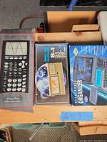 Top-down view of three boxed items on wooden shelf: Guerrilla TI84 Plus calculator with silicone case, world time calculator with globe graphic, and electronic organizer in blue packaging