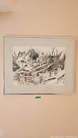 Framed watercolor painting showing woodland scene with fallen trees and a fence, matt and frame in good condition.