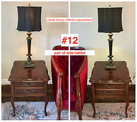 Pair of vintage wooden end tables with side drawers, dark polished finish, shown side by side with table lamps on top (lamps offered separately)