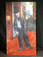 Full view of the oil painting showing a standing man in black suit and top hat in a theater setting with reddish floor and blurred background figures.