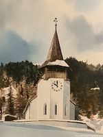 Close-up of the watercolor painting showing the clock tower church with snowy landscape and trees in the background.