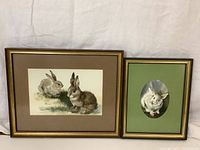 Full view of both framed watercolor paintings showing rabbits by Jean McQuillan. Larger rectangular piece with brown rabbits and smaller oval piece with white rabbit.