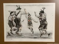 Close-up of the entire etching artwork without frame, showing four men dancing and a child in central focus.
