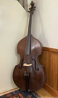 Front full view of upright double bass leaning against wall on rug
