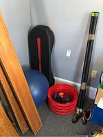Photo showing blue fitness ball next to black and red aerobic stepper, red mesh basket containing small dumbbells, and three weight bars.