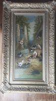 Full view of framed oil painting depicting chickens in a barnyard scene