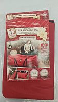 Photo of the packaging showing age large tree storage bag in red, made to store Christmas trees or greenery up to 9 feet tall. Visible brand Santa's Bags and clear labeling.