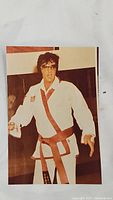 Full view of the color photograph showing Elvis Presley in a white karate outfit with red belt and sunglasses, posing in martial arts stance indoors.