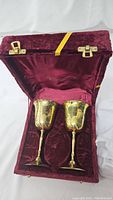 Two brass goblets inside open velvet-lined storage case with gold clasps, showing interior and fit