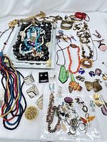 Full spread view of assorted vintage costume jewelry items including necklaces, bracelets, earrings, brooches across white background.