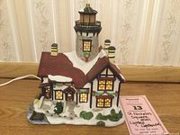 Lighted house on table with illuminated windows showing detail and snow decorations