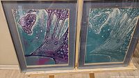 Two framed silkscreen prints side by side under glass, with visible light reflection showing abstract modern art shapes and colors.
